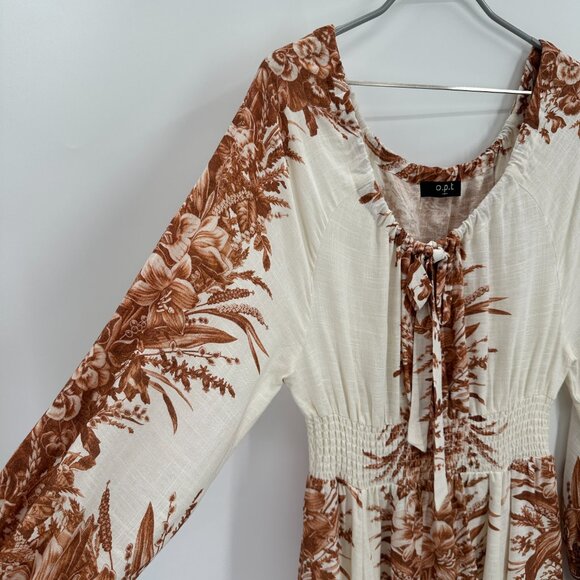 OPT Long Sleeve Linen Blend Midi Dress Ivory/Brown Floral Print size M Medium - Picture 4 of 9